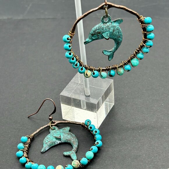 Dolphin Handmade Bronze Hoop Earrings with Wire Wrapped Howlite Beads - Picture 1 of 2